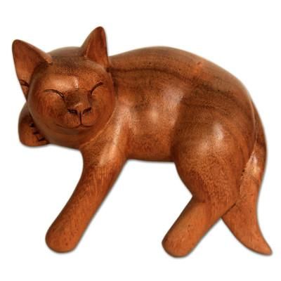 Wood sculpture, 'Smiling Cat Relaxes'