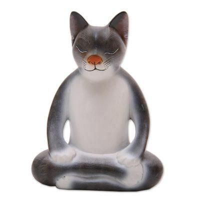 Peaceful Kitty in Grey,'Wood Meditating Cat Sculpture in Grey and White from Bali'