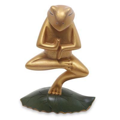 Wood statuette, 'Vrkasana Yoga Frog'