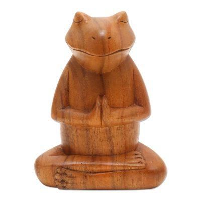 Deep in Meditation,'Hand Carved Suar Wood Frog Statuette'
