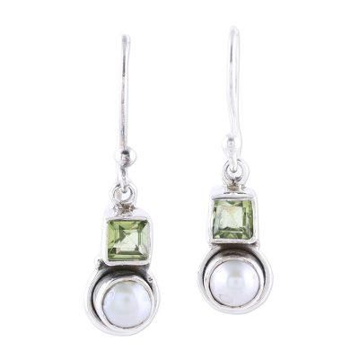 Moonglow Garden,'Cultured Pearl and Peridot Sterling Silver Dangle Earrings'