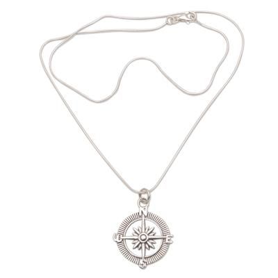 'Compass-Themed Sterling Silver Pendant Necklace from Bali'