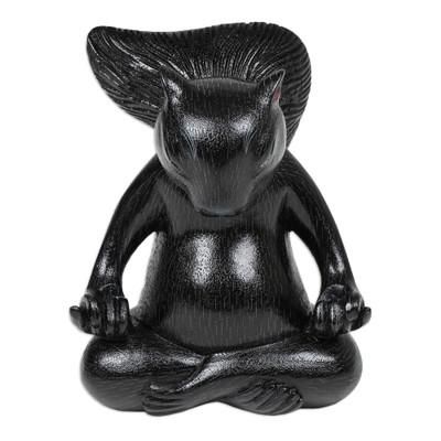 'Hand-Carved Black Suar Wood Squirrel Statuette from Bali'