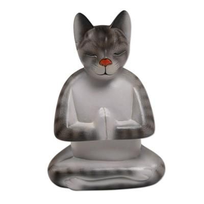 Grey Cat in Deep Meditation,'Painted Suar Wood Sculpture of a Meditating Cat from Bali'