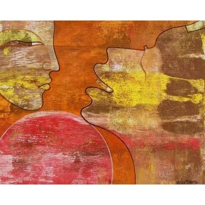 'Affectionate' Love Theme Expressionistic India Painting in Hot Colors