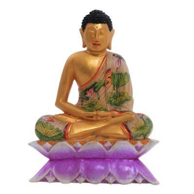 Wood statuette, 'Buddha on a Lotus' - Hand Painted Wood Sculpture