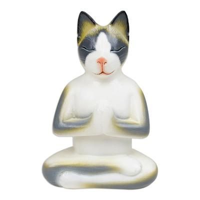 Wood sculpture, 'Cat in Meditation' - Unique Wood Cat Sculpture