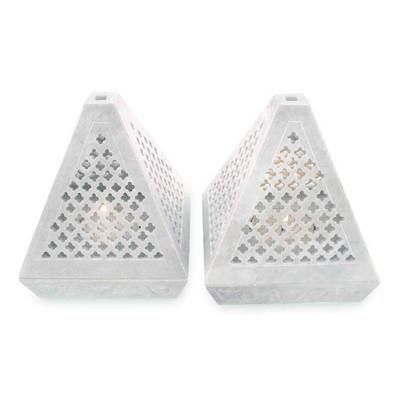 'Lace Pyramid' (pair) - Hand Crafted Jali Soapstone Candle Holders