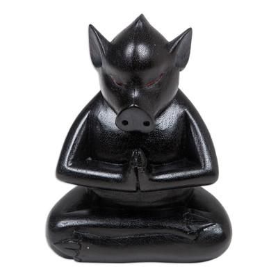 Gentle Apprentice at Night,'Handcrafted Black Suar Wood Pig Statuette from Bali'