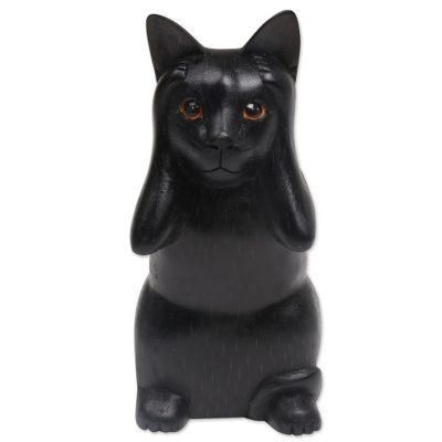 'Hand-Carved Black Suar Wood Cat Sculpture from Bali'