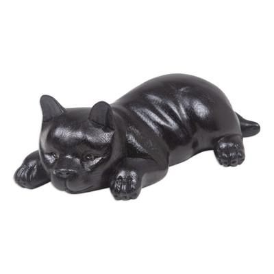 Sleepy Paws,'Hand-Carved Black Suar Wood Sculpture of a Sleepy Puppy'