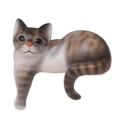 Watchful Grey Cat,'Painted Suar Wood Sculpture of a Grey Cat from Bali'