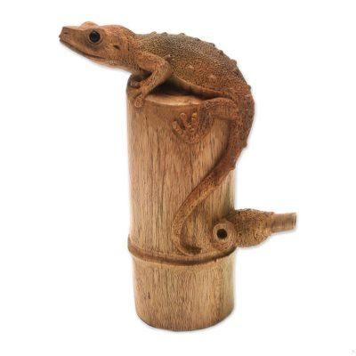 Tokek on a Log,'Signed Hibiscus Wood Sculpture of a Gecko from Bali'