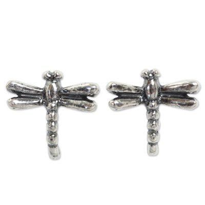 Sterling silver button earrings, 'Baby Dragonfly'