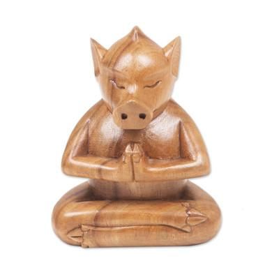 Gentle Apprentice,'Handcrafted Brown Suar Wood Pig Statuette from Bali'