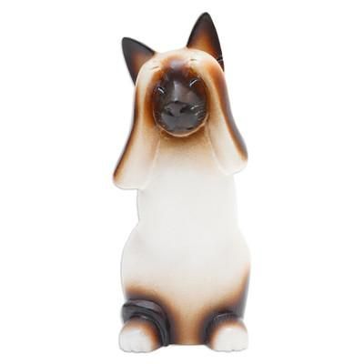 'See No Evil Siamese Cat' - Handcrafted Albesia Wood Sculpture