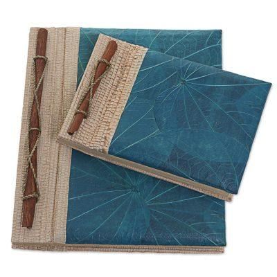 Autumn Spirit in Blue,'Handcrafted Pair of Rice Paper Notebooks from Indonesia'