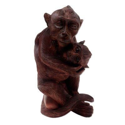 Caring Father,'Hand Carved Sculpture of Monkey Father with Infant'