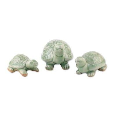 'Lucky Turtles' (set of 3) - Celadon Ceramic Sculptures