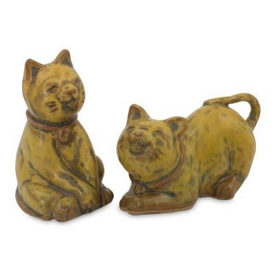 Ceramic statuettes, 'Yellow Feline Sisters' (pair)