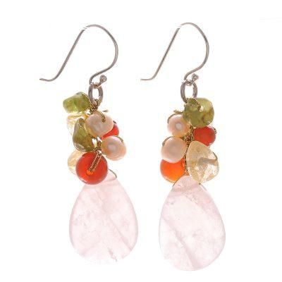 Rose quartz and peridot cluster earrings, 'Tropical Garden'