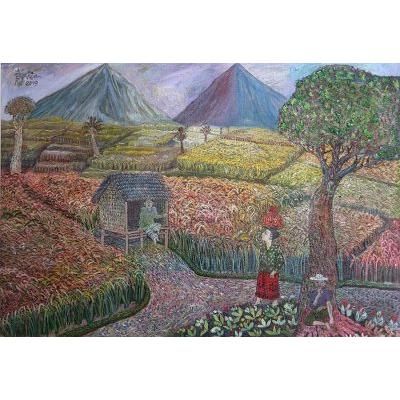 Harvesting Paddy,'Signed Naif Landscape Painting from Bali (2019)'