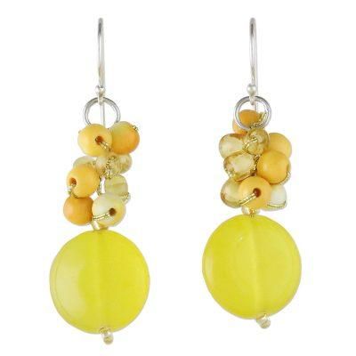 Fun Circles in Yellow,'Quartz and Glass Bead Dangle Earrings from Thailand'
