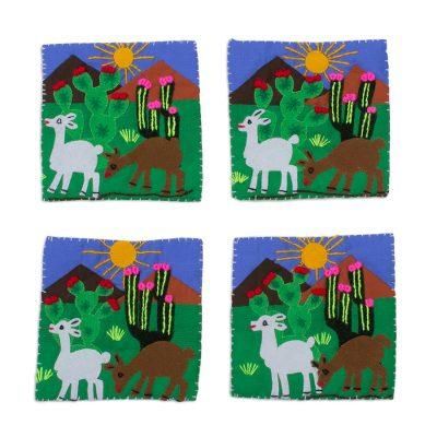Andean Life,'Animal-Themed Cotton Blend Arpillera Coasters (Set of 4)'