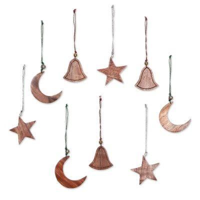 Wood ornaments, 'Nagina Celebration' (set of 9)