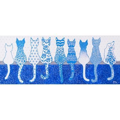 'Whimsical Cat-Themed Acrylic Painting in Blue and White Hues'
