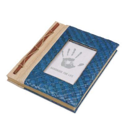 'Hand-Woven Pandan Leaf Journal with Photo Cover in Blue'