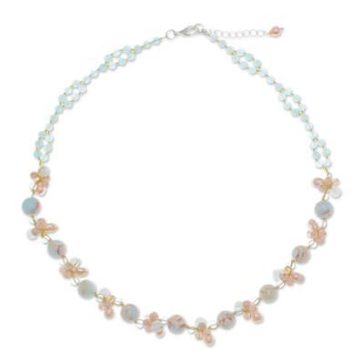 Pastel Mood,'Handmade Rose Quartz and Cultured Pearl Pendant Necklace'