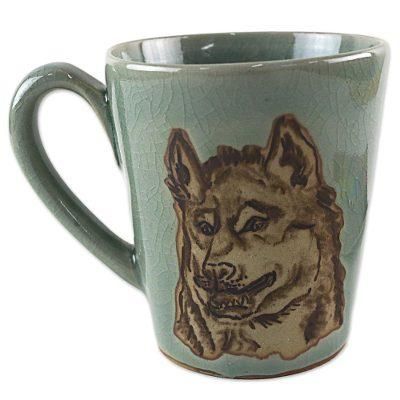 Lupine Libation,'Hand Made Green Celadon Ceramic Painted Thai Wolf Mug'