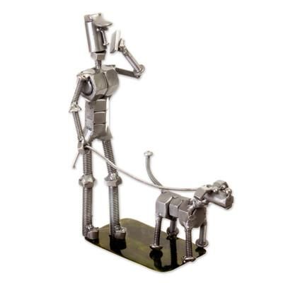 Eco Walk,'Eco-Friendly Recycled Metal Sculpture of Man and Dog'