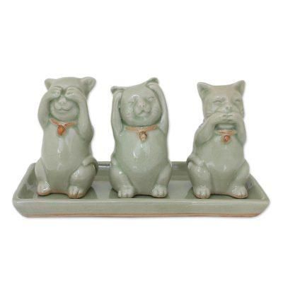 'Cats Shun Evil' (set of 3) - Celadon Ceramic Sculptures