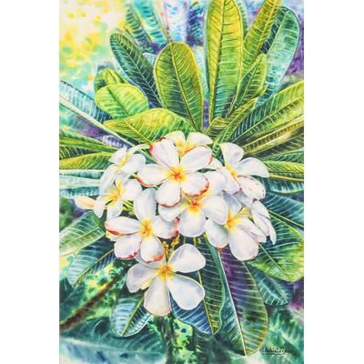 White Frangipani II,'Signed Impressionist Watercolor Painting of White Flowers'