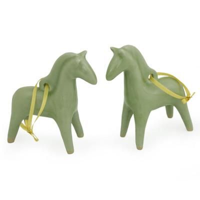 'A Season for Horses' (pair) - Unique Celadon Ceramic Christmas Ornaments