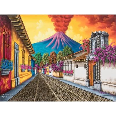 Las Campanas Street,'Signed Stretched Oil Painting of Colorful Street and Volcano'