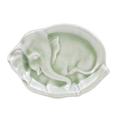 Elephant at Rest in Green,'Handmade Elephant Themed Celadon Ceramic Plate'