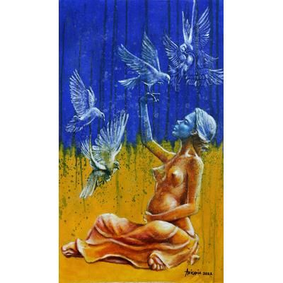 Peace For All Nations,'Expressionist Peace Painting of Pregnant Woman with Doves'