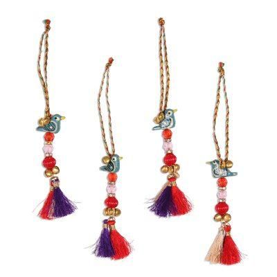 'Bird-Themed Wood Beaded Ornaments from India (Set of 4)'