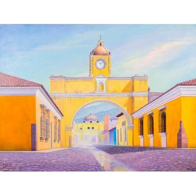 Arch Street,'Signed Realist Cityscape Painting from Guatemala'