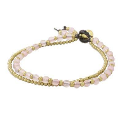 Valley of Roses,'Handmade Rose Quartz Brass Beaded Bracelet with Loop Closure'