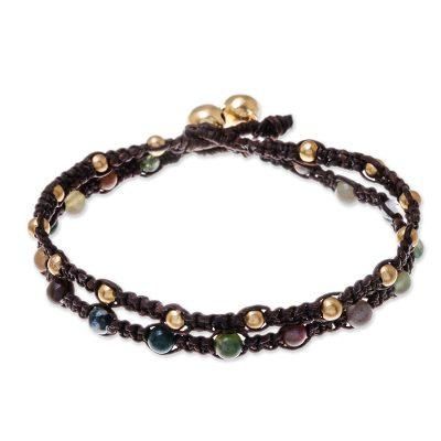 Brass braided bracelet, 'Green Boho Chic'