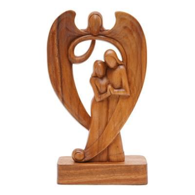 'Hand-Carved Guardian Angel and Couple Suar Wood Sculpture'