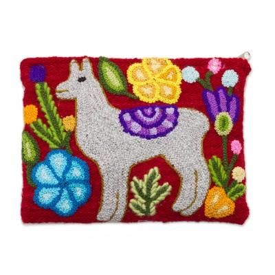 'Llama-Themed Embroidered Wool Clutch in Pearl Grey'