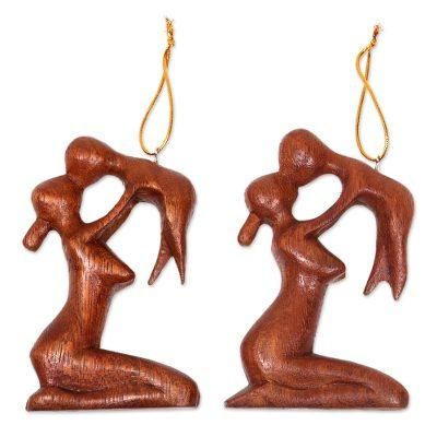 Gentle Touch of a Mother,'Playful Mother and Baby Ornaments Hand Carved Wood (Pair)'