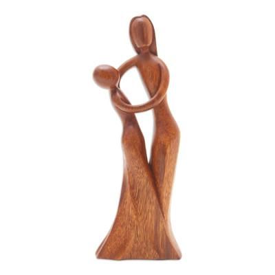 'Mother and Daughter Sculpture Hand-Carved from Wood in Bali'