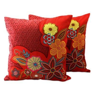 'Red Romance' (pair) - Floral Embroidered Cushion Covers