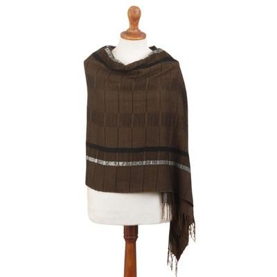 Chestnut Windowpanes,'Handwoven Patterned Chestnut Brown Baby Alpaca Shawl'